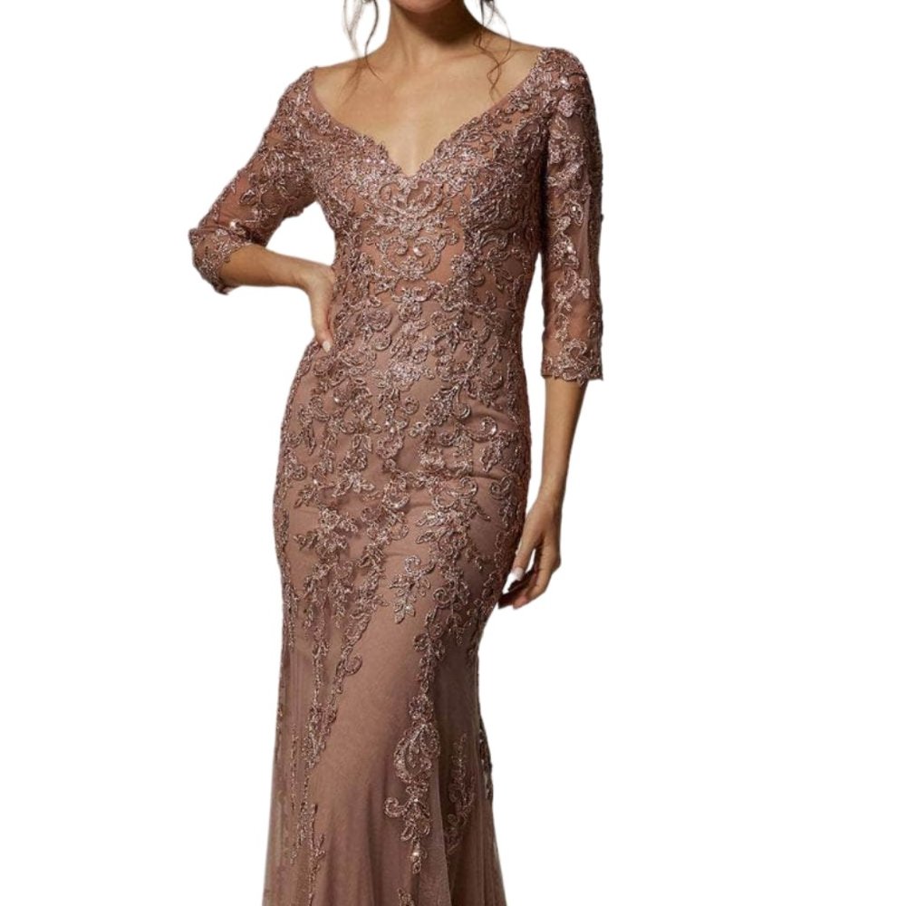 Pink V-Neck 3/4 Sleeve Gown for Wedding Guests